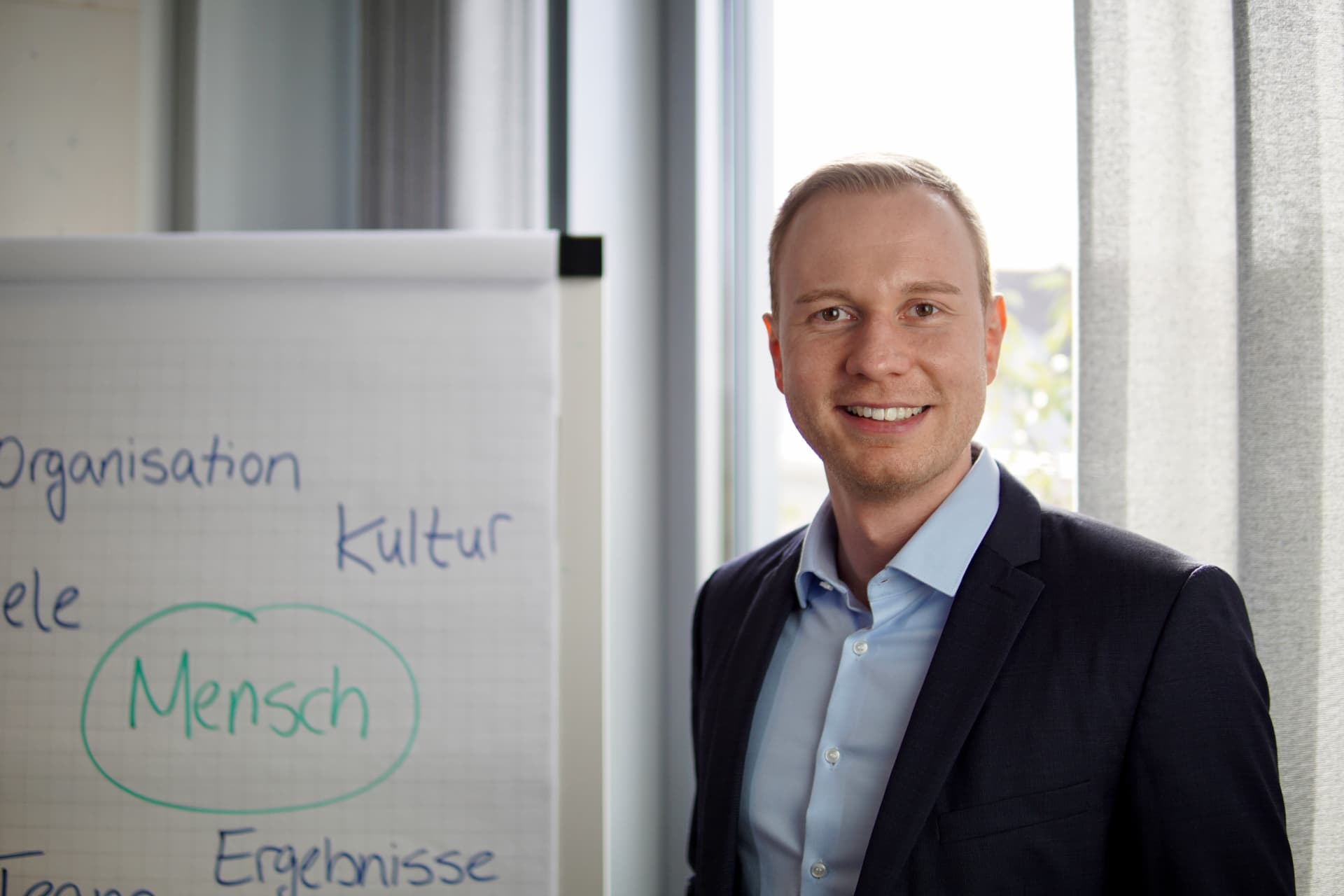 Eric Neuheiser neben einem Flipchart zur Organisationsentwicklung
